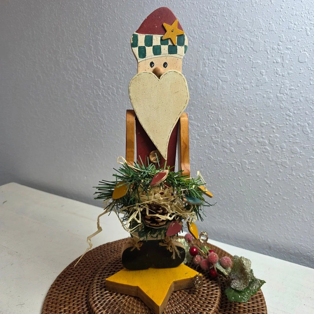 Rustic Wooden Santa Claus‎ Figurine Christmas Tabletop Star Base Wreath Lights